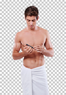 Buy stock photo Self care, nails and man with cosmetics, shirtless and confident guy isolated against a transparent background. Skincare, male person and model with a towel, filing and manicure with beauty and png