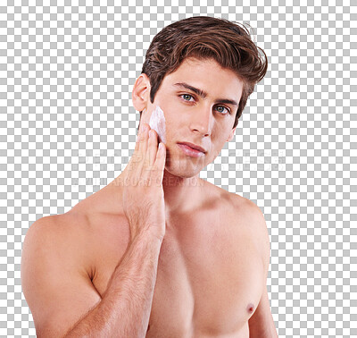 Buy stock photo Skincare, cream and portrait of man on transparent background for morning routine, beauty and self care. Spa treatment, product and lotion on face of male model on png for sunscreen, facial and glow