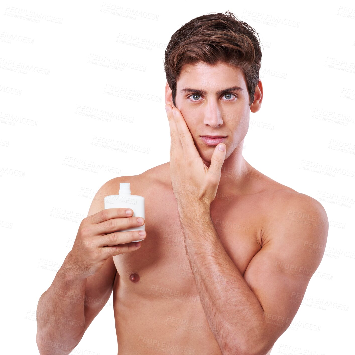 Buy stock photo Isolated man, bottle and aftershave in portrait for skincare, wellness and beauty by transparent png background. Young guy, model and shave product with smooth skin, healthy and facial hair removal