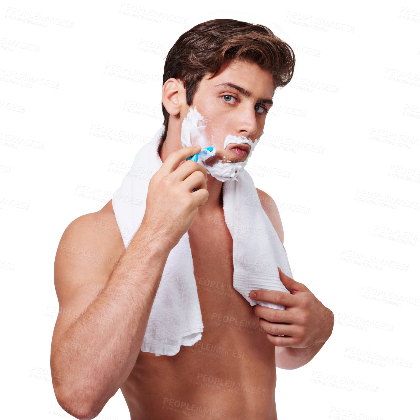 Buy stock photo Razor, shaving cream and face of man isolated on a transparent png background. Shave beard, portrait or model grooming for skincare, hair removal or facial product for epilation, wellness or cleaning