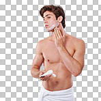 Studio shot of a handsome bare chested young man applying lotion to his face isolated on a png background