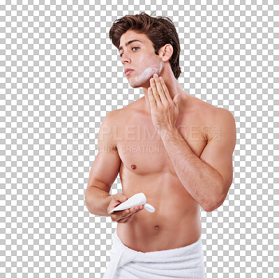 Buy stock photo Dermatology, cosmetics and man with cream, skincare and confident guy isolated against a transparent background. Male person, beauty and model with creme, organic facial and png with morning routine