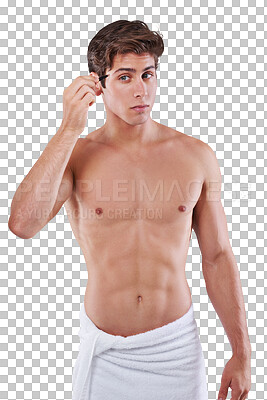 Buy stock photo Grooming, portrait and a man plucking eyebrows for hygiene, face care and morning routine. Serious, nude and a naked person with a tweezer for facial hair isolated on a transparent png background