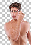 Studio shot of a handsome bare chested young man plucking his eyebrows isolated on a png background