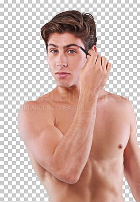 Buy stock photo Focus, portrait and a man plucking eyebrows for hygiene, face care and morning routine. Serious, nude and a naked person with a tool to pluck facial hair isolated on a transparent png background