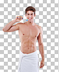 Studio shot of a handsome bare chested young man brushing his teeth isolated on a png background