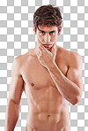 A handsome young shirtless man posing in studio isolated on a png background