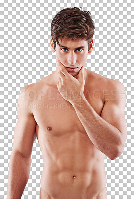 Buy stock photo Man, portrait and shirtless with muscular body in healthy skincare or hygiene isolated on a transparent PNG background. Confident, attractive and handsome young male person or model posing topless