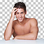 Portrait of a handsome young shirtless man posing in the studio isolated on a png background