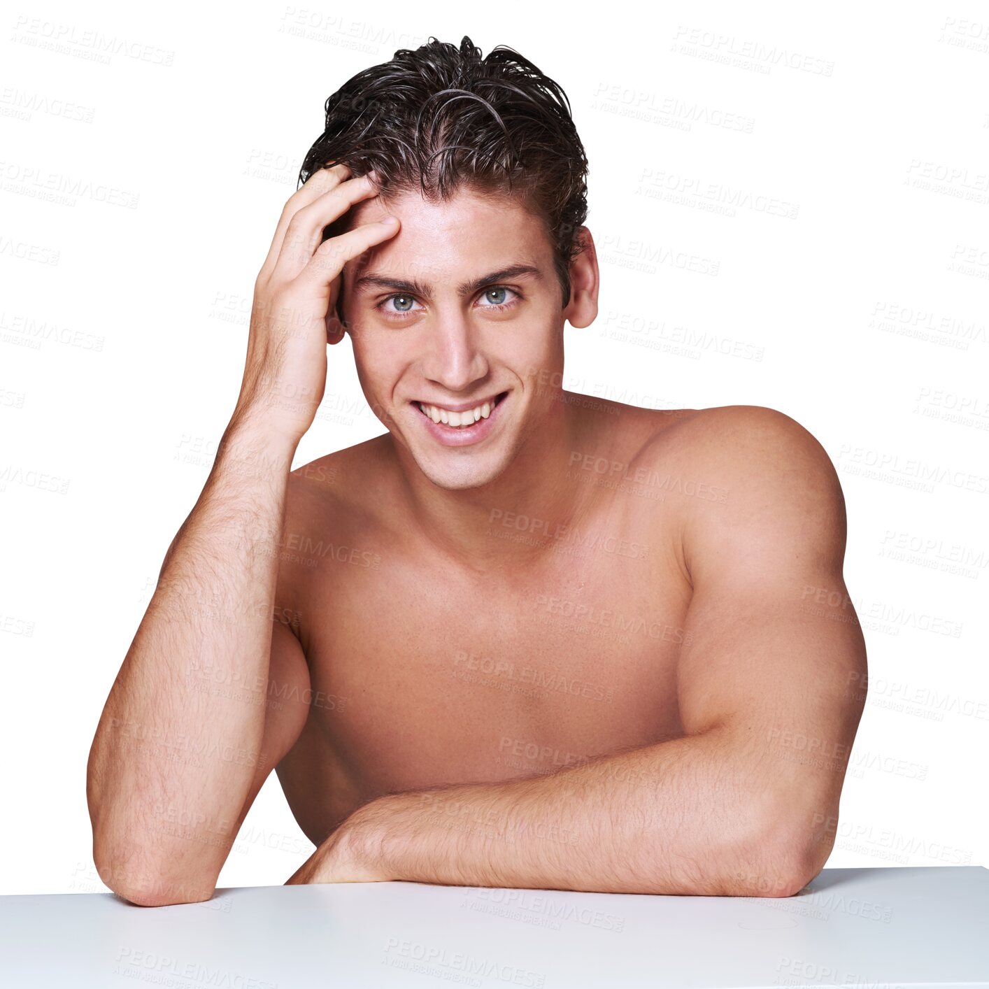 Buy stock photo Beauty, smile and portrait of man with skincare due to cosmetic grooming isolated in a transparent or png background. Skin, care and happy young person or model for wellness and cosmetics glow