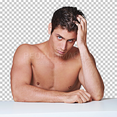 Buy stock photo Beauty, face and portrait of man on transparent background for shower, haircare and cosmetics. Self care, glow and morning with male model on png for wellness, spa treatment and cleaning