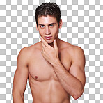 Portrait of a handsome young shirtless man posing in the studio isolated on a png background