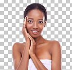 A beautiful young woman looking at the camera and touching her face isolated on a png background