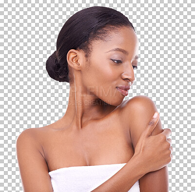 Buy stock photo Skincare, beauty and black woman touch skin isolated on a transparent png background. Natural, makeup cosmetics and African model with spa facial treatment for aesthetics, wellness and healthy skin.