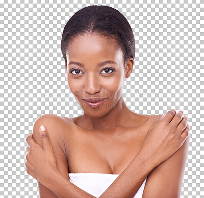 Buy stock photo Black woman, portrait and skincare for natural beauty or hygiene isolated on a transparent PNG background. Happy African female person or young model touching skin for facial treatment or body care