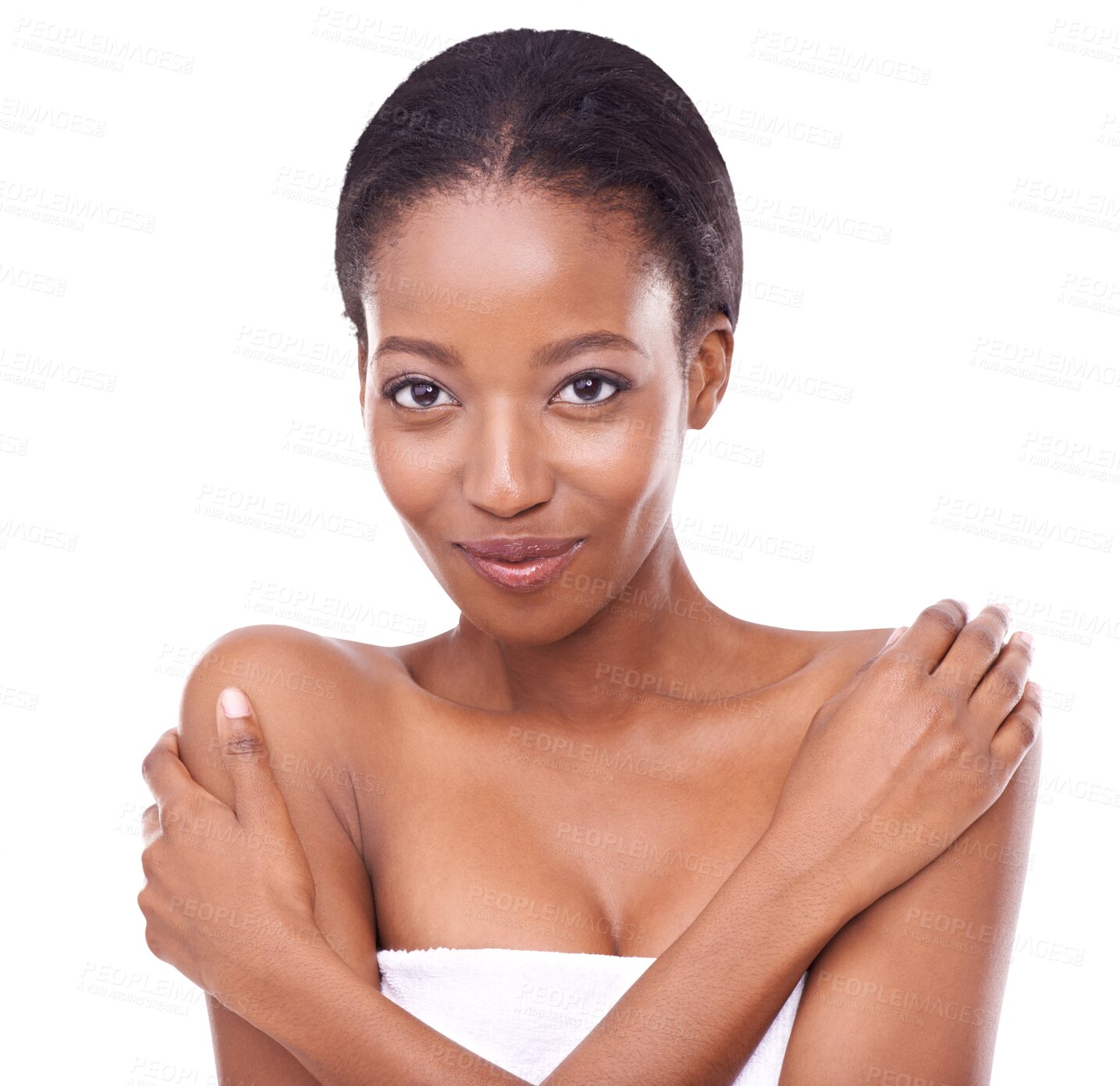 Buy stock photo Black woman, portrait and skincare for natural beauty or hygiene isolated on a transparent PNG background. Happy African female person or young model touching skin for facial treatment or body care