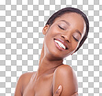 Beauty portrait of a young african woman touching her skin isolated on a png background