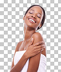 Beauty portrait of a young african woman touching her skin isolated on a png background