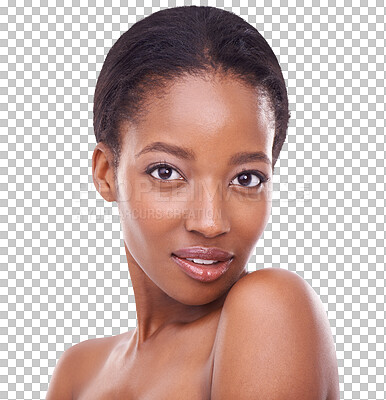 Buy stock photo Beauty, face and skincare of black woman isolated on a transparent png background. Natural portrait, makeup cosmetics and African model with facial treatment for aesthetics, wellness and healthy skin