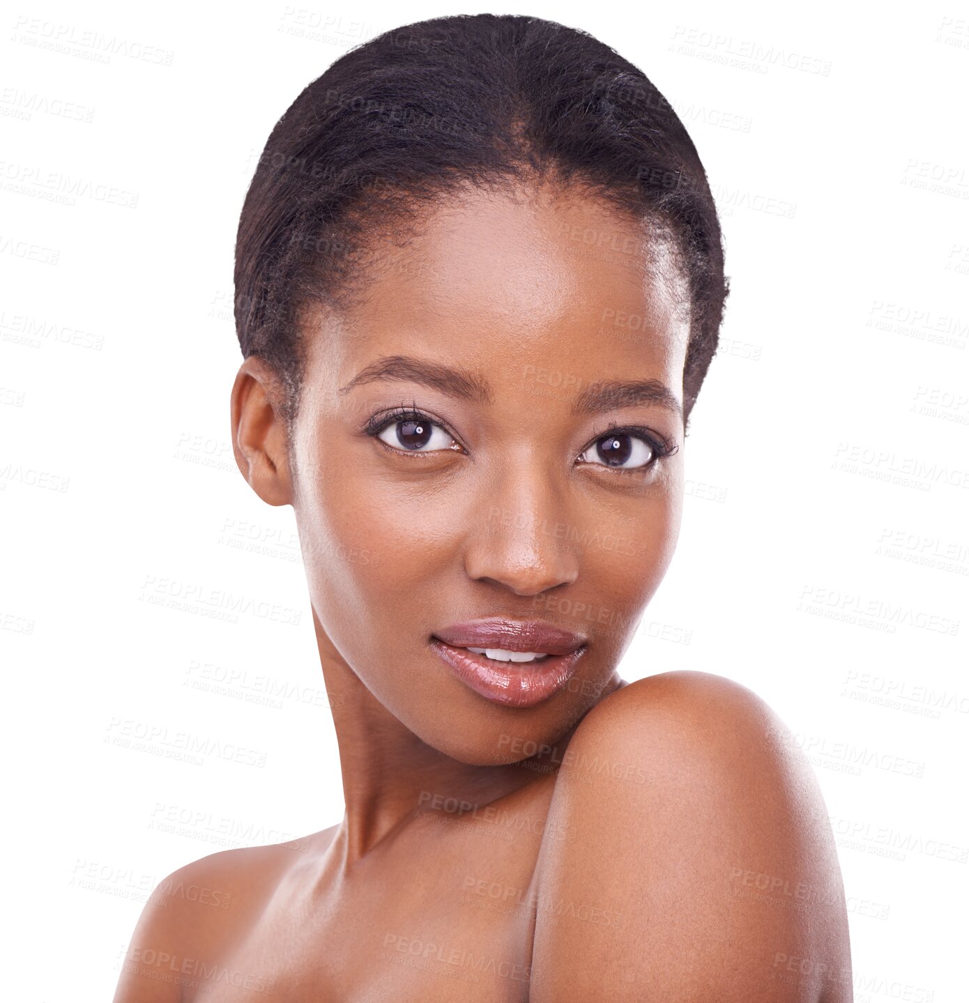 Buy stock photo Beauty, face and skincare of black woman isolated on a transparent png background. Natural portrait, makeup cosmetics and African model with facial treatment for aesthetics, wellness and healthy skin