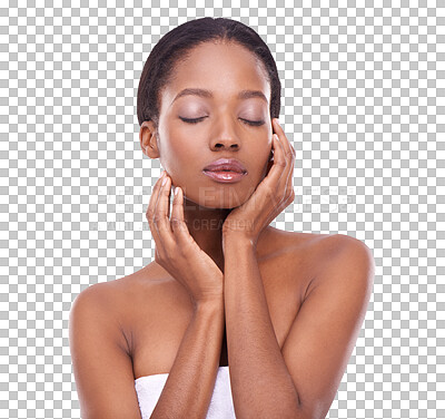 Buy stock photo Black woman, beauty and skin care with hands on face for cosmetic or natural facial product on transparent png background. Dermatology, spa or isolated girl in salon for skincare, makeup or wellness