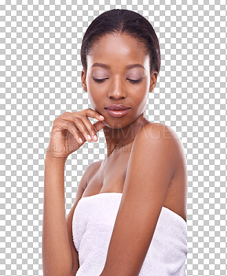 Buy stock photo Beauty, natural and young woman isolated on transparent, png background for makeup, cosmetics and cleaning. Self care, dermatology and african person or model in a towel for skincare health and glow