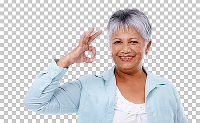 Buy stock photo Senior woman, ok and sign with hand for satisfaction, agreement or like on transparent, isolated or png background. Okay, elderly person and body language with hands, gesture for positive feedback