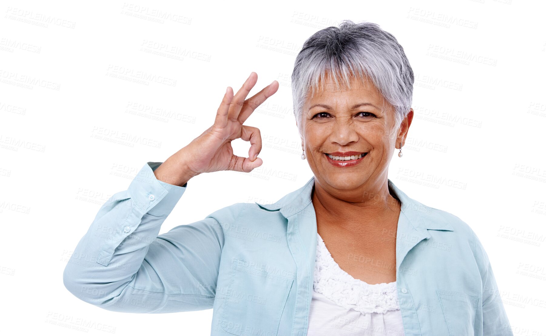 Buy stock photo Senior woman, ok and sign with hand for satisfaction, agreement or like on transparent, isolated or png background. Okay, elderly person and body language with hands, gesture for positive feedback