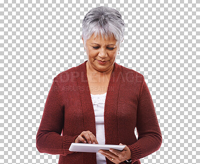 Buy stock photo Typing, senior woman and reading on tablet or isolated, transparent and png background. Elderly person, technology and search for information online, communication and social media on internet app