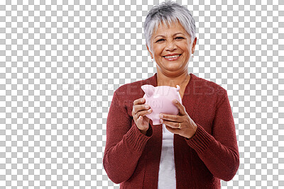 Buy stock photo Isolated senior woman, piggy bank and portrait with smile, saving and finance by transparent png background. Happy elderly lady, savings and investment with money, budget and investing for retirement