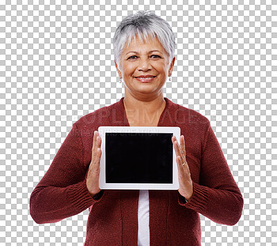 Buy stock photo Isolated mature woman, tablet and portrait with blank screen, mockup space and transparent png background. Senior lady, digital touchscreen and happy for social media, communication and connection