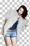 Portrait of a beautiful young woman posing in a fur coat isolated on a png background