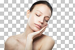 Head and shoulder shot of a beautiful young woman in the nude with eyes closed and hand on her face isolated on a png background