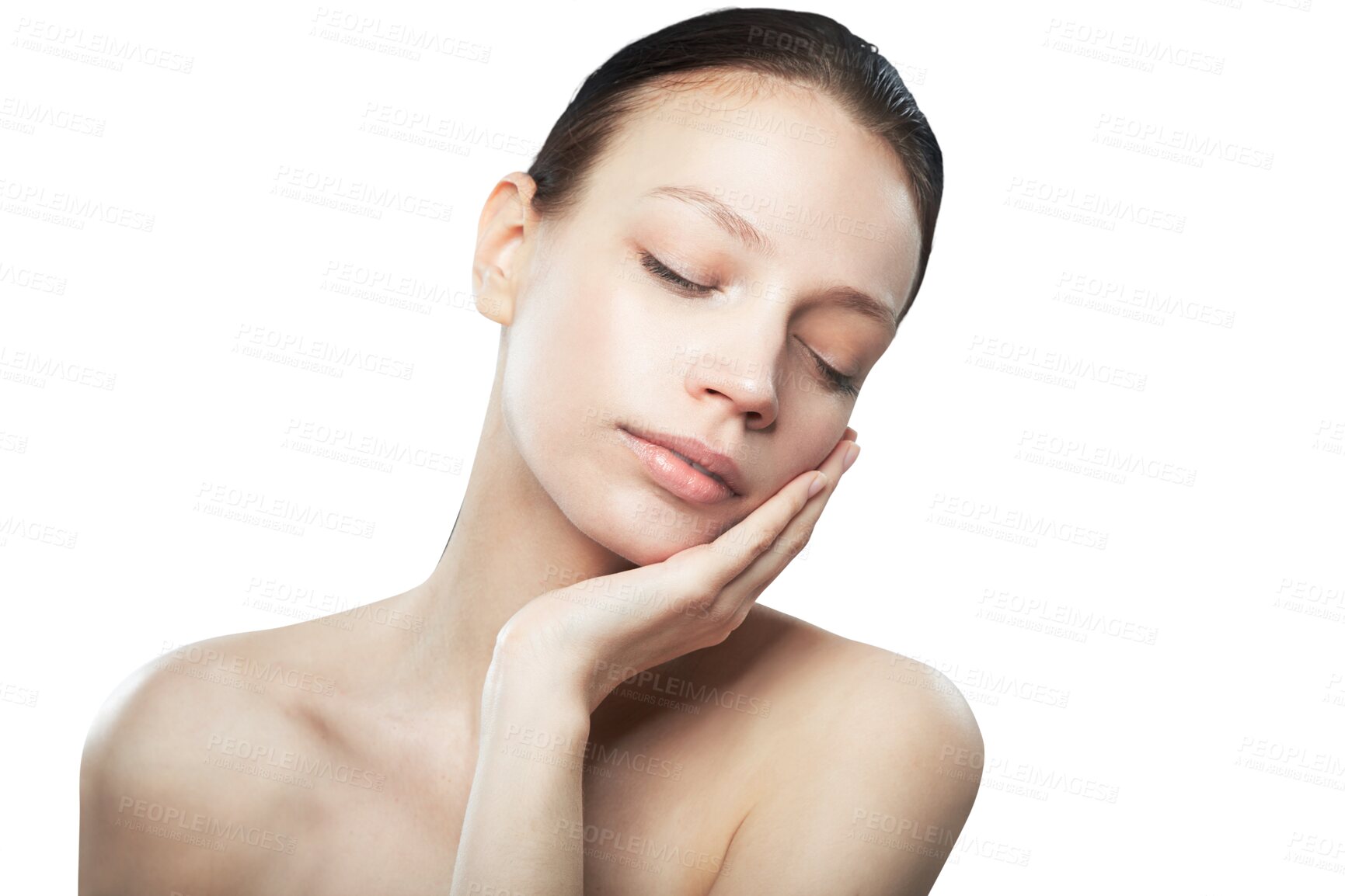 Buy stock photo Natural beauty, face of woman isolated and against a transparent png background for skin treatment. Health wellness or cosmetics, dermatology and young female person posing for skincare cosmetology 