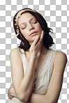 A beautiful young woman wearing vintage clothing and posing with eyes closed and hand on her neck isolated on a png background