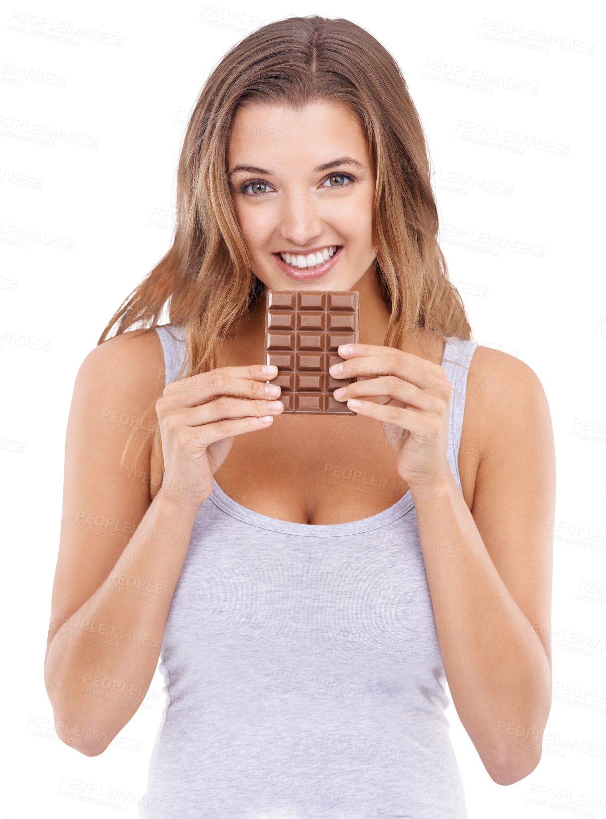 Buy stock photo Isolated young woman, chocolate and portrait for diet, health and wellness by transparent png background. Girl, college student or model with sweets, smile and eating for nutrition, food and candy