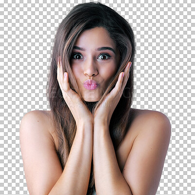 Buy stock photo Portrait, beauty and woman with a kiss face, emoji or expression with hair care on isolated, transparent or png background. Girl, lips and person with pouting mouth, makeup and cosmetic skincare