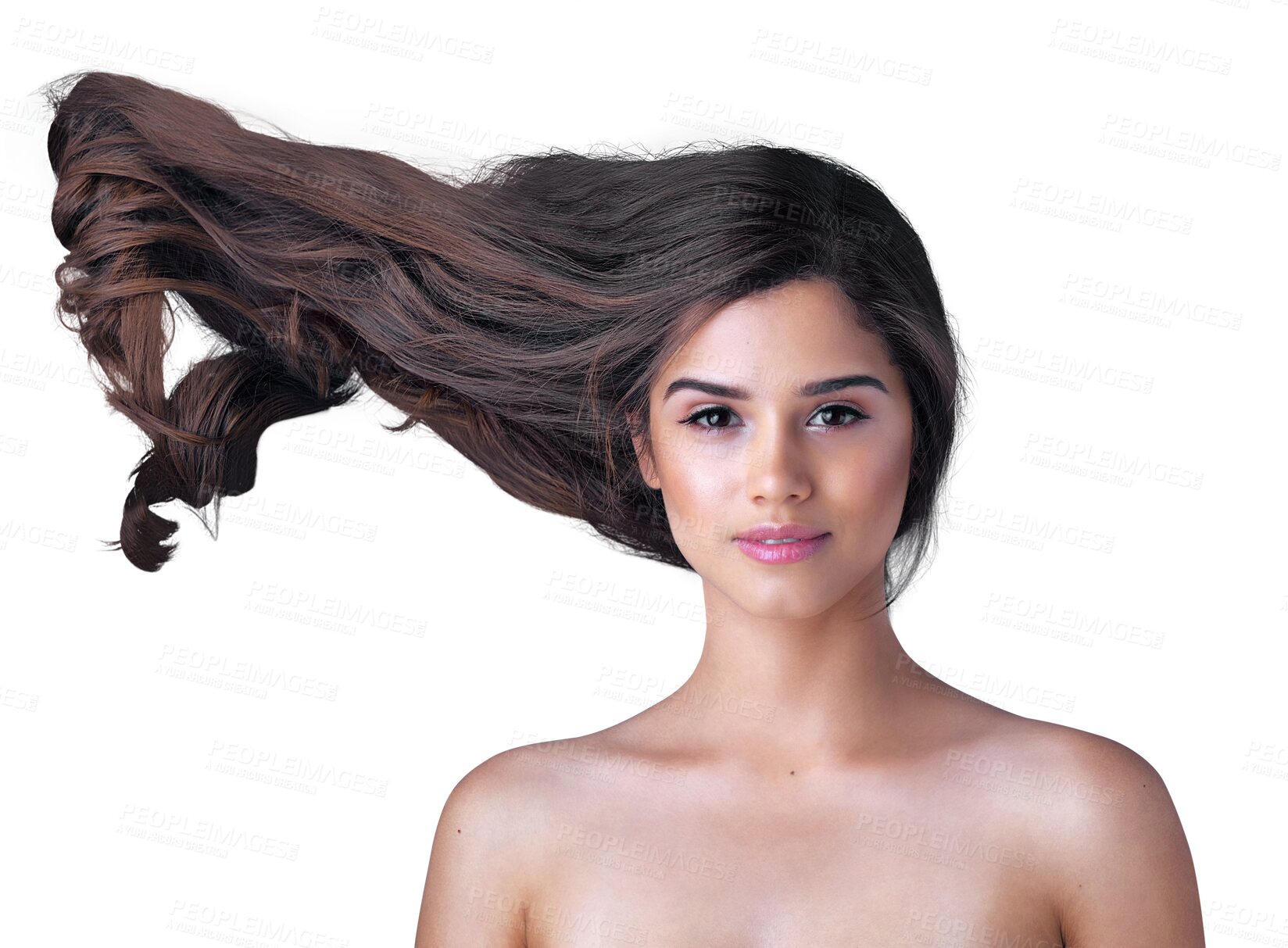 Buy stock photo Hair, wind and portrait of woman with beauty, keratin treatment and isolated in a transparent or png background. Cosmetic, shine and young person or model with hairstyle and natural cosmetics shampoo