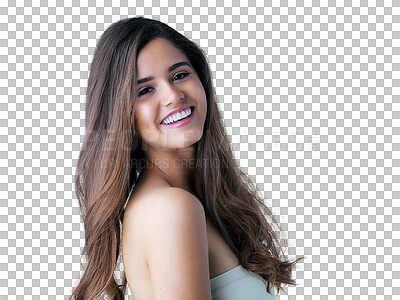 Buy stock photo Hair texture, portrait and happy woman isolated on transparent png background for salon, color treatment or hairdresser results. Healthy growth, hairstyle and face of young model smile for balayage