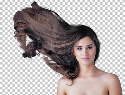 Buy stock photo Hair, wind and woman in portrait isolated on transparent png background of salon, color treatment or hairdresser results. Healthy glow, hairstyle in air or growth with face of young person for beauty