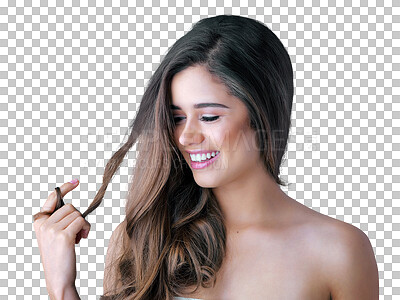 Buy stock photo Healthy hair, happy and face of woman on png, isolated and transparent background for haircare cosmetics. Salon, confidence and attractive female person with style for wellness, texture and beauty