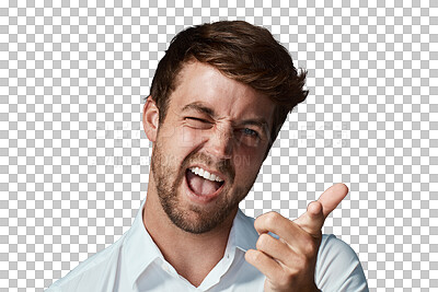 Buy stock photo Portrait, pointing and man wink for flirting, silly and funny guy isolated against a transparent background. Face, male person or model with humor, hand gun or goofy gesture with png, mindset and joy