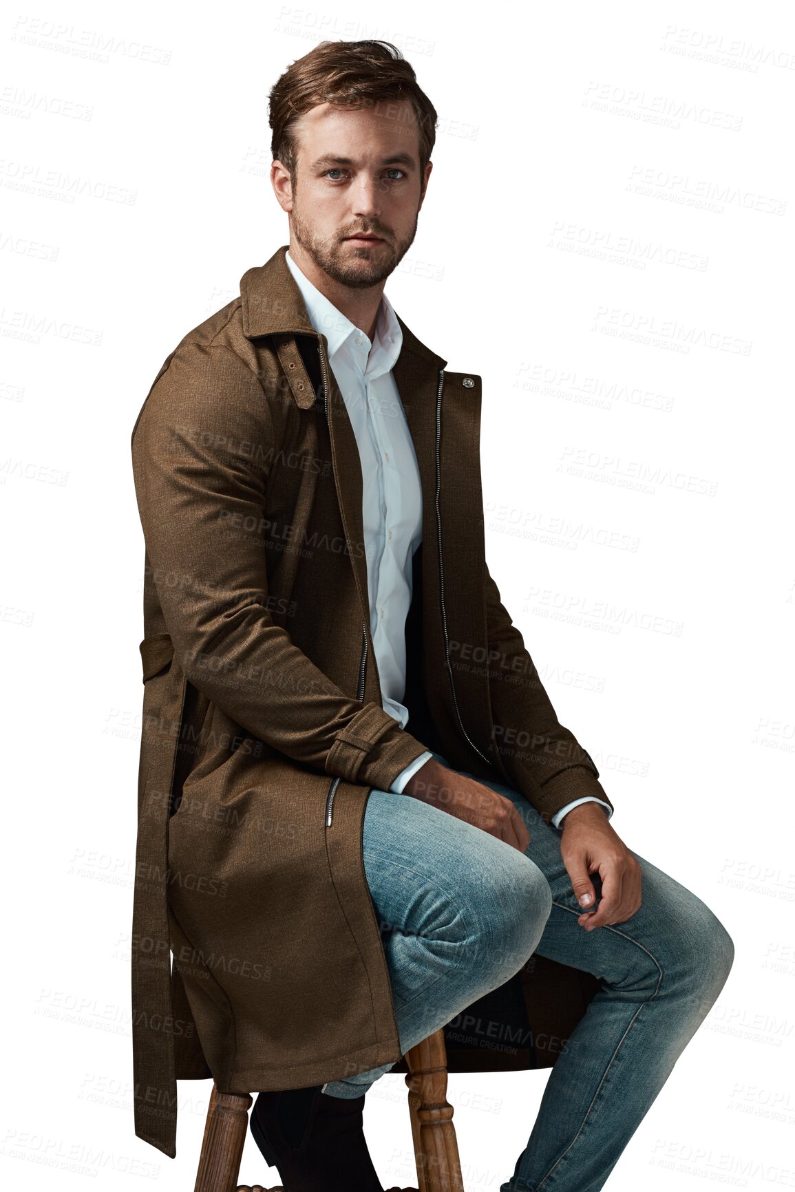 Buy stock photo Fashion, chair and man in portrait on an isolated transparent, png background in creative, cool or trendy style. Young person or serious model in jeans, coat and shirt for retail promotion or sale