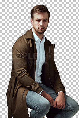 Buy stock photo Fashion portrait, chair and man isolated on transparent, png background in cool, trendy and edgy style. Young person or serious model from UK in jeans, coat and shirt for clothes or retail promotion