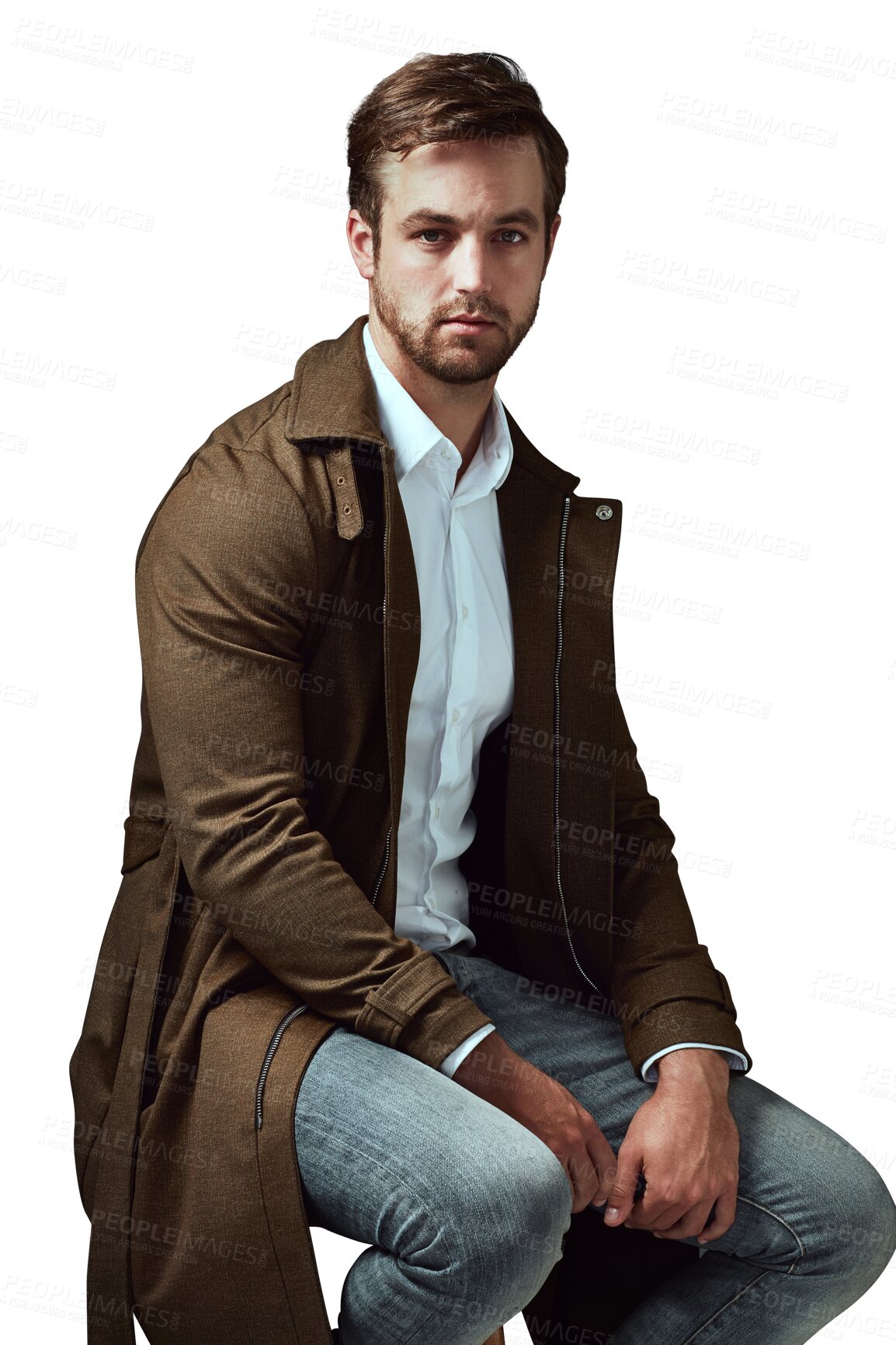 Buy stock photo Fashion portrait, chair and man isolated on transparent, png background in cool, trendy and edgy style. Young person or serious model from UK in jeans, coat and shirt for clothes or retail promotion