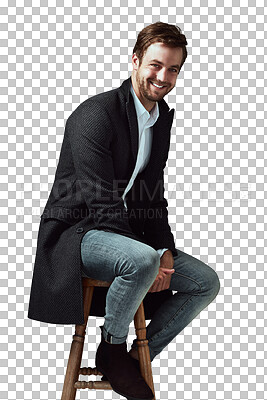 Buy stock photo Fashion, chair and portrait of a man with coat, formal and stylish winter outfit with confidence. Happy, smile and male model sitting on stool with fancy style isolated by transparent png background.