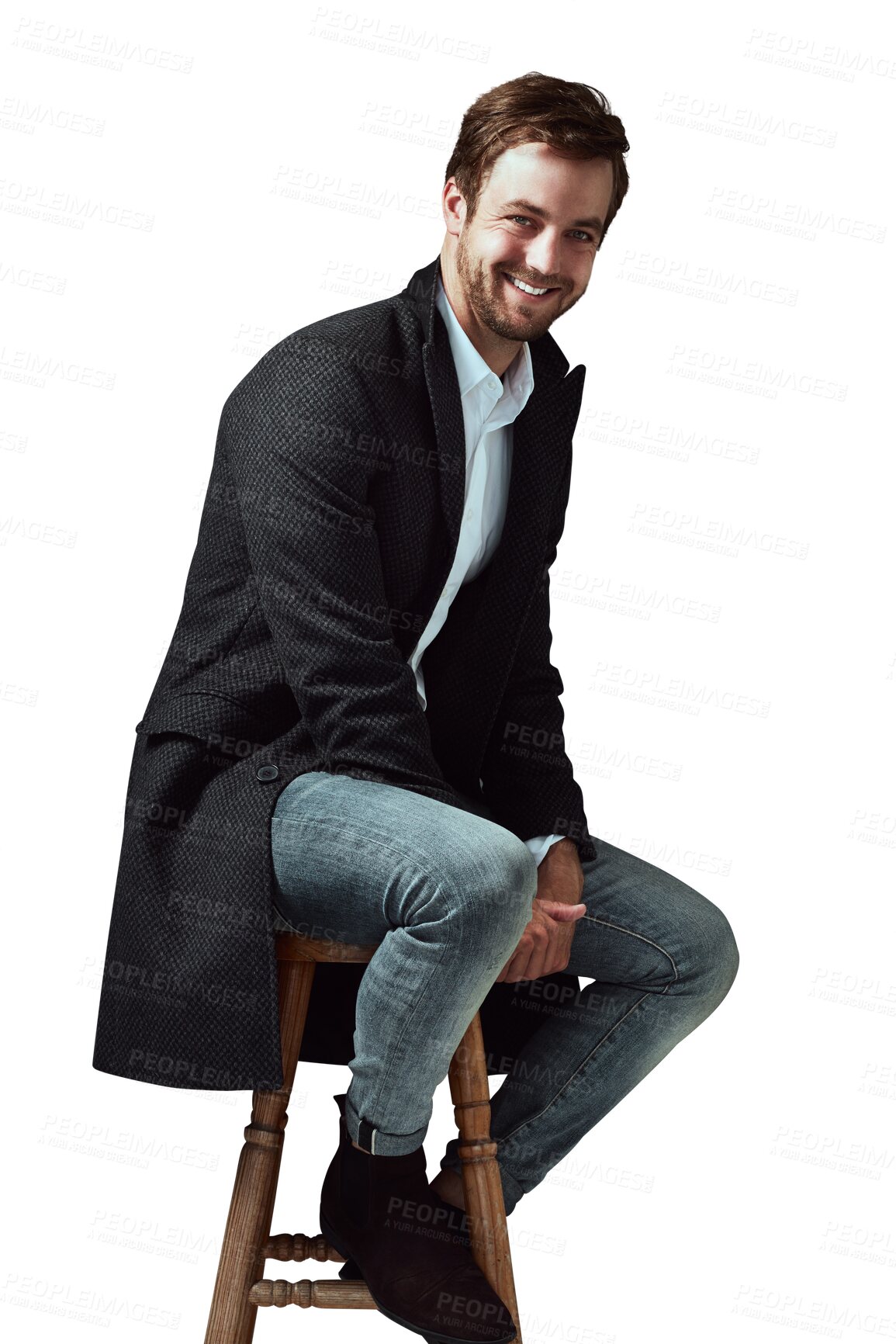 Buy stock photo Fashion, chair and portrait of a man with coat, formal and stylish winter outfit with confidence. Happy, smile and male model sitting on stool with fancy style isolated by transparent png background.