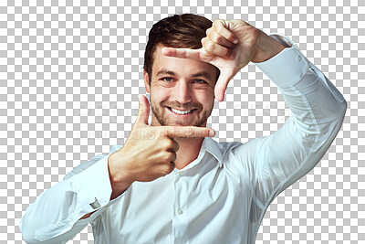 Buy stock photo Happy man, portrait and hands in frame for photo isolated on a transparent PNG background. Male person or model with hand framing face with smile for profile picture, photography or capture moment