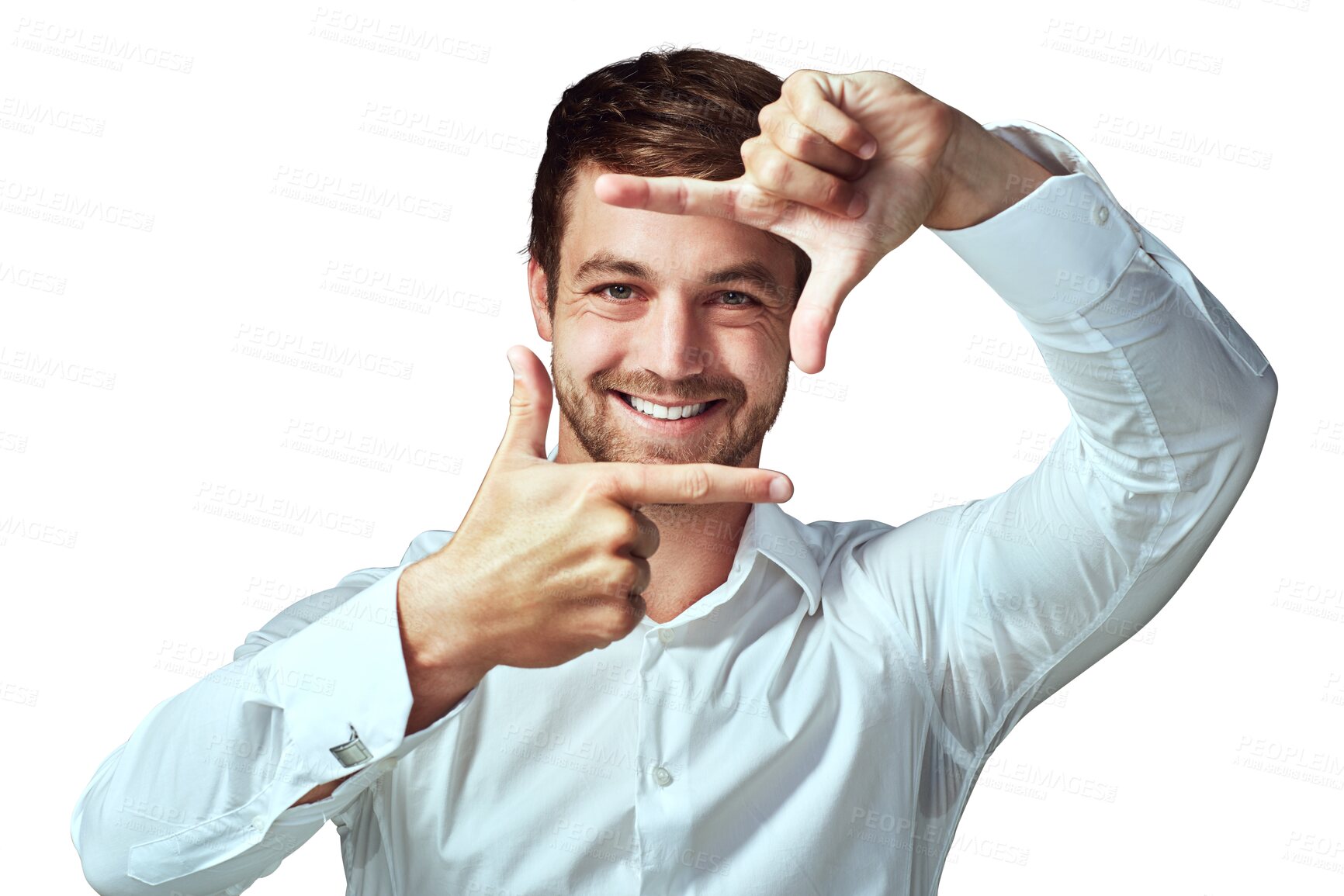 Buy stock photo Happy man, portrait and hands in frame for photo isolated on a transparent PNG background. Male person or model with hand framing face with smile for profile picture, photography or capture moment