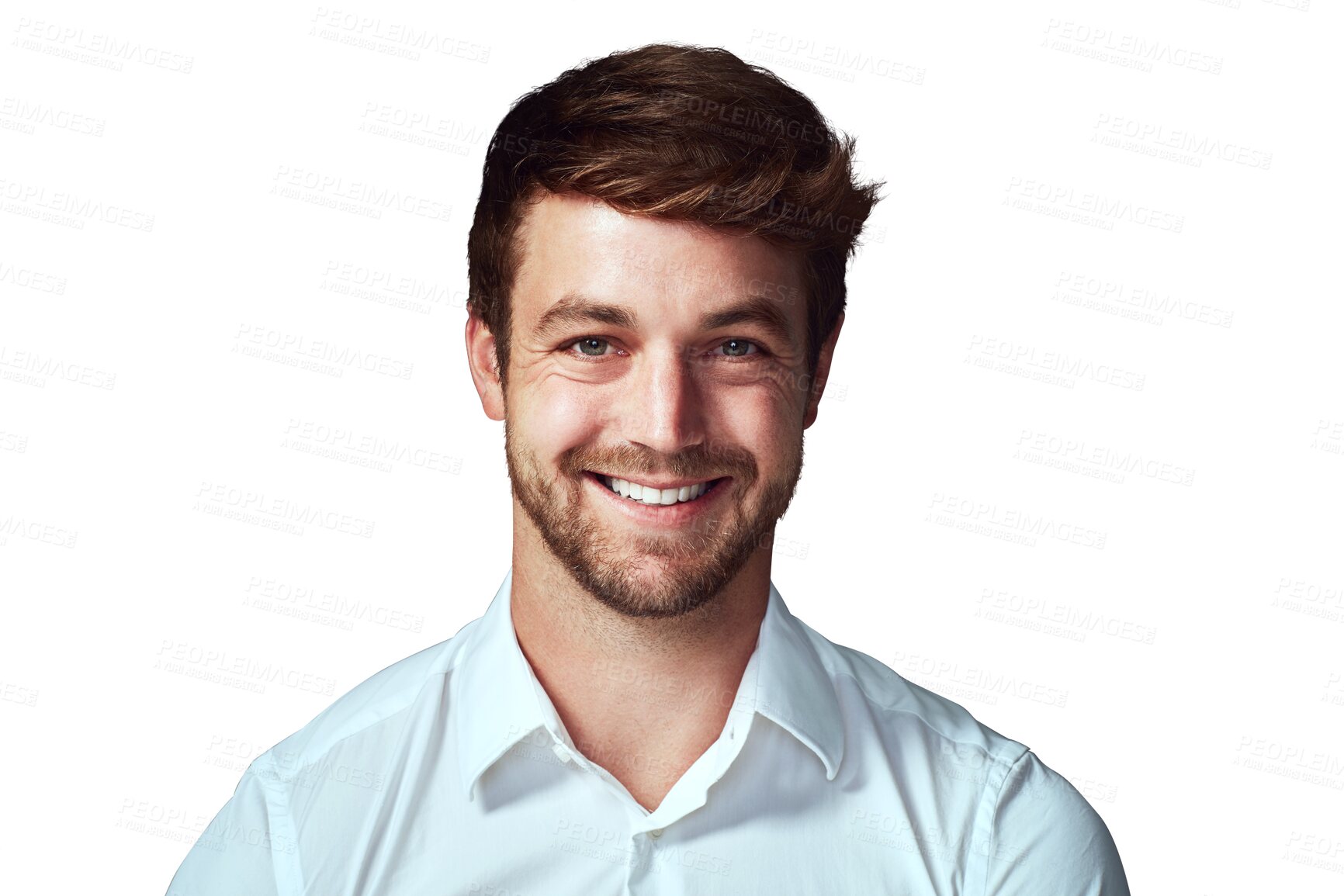 Buy stock photo Happy, smile and portrait of business man on transparent background for professional, natural and pride. Happiness, confident and corporate with face of male employee on png for positive and career